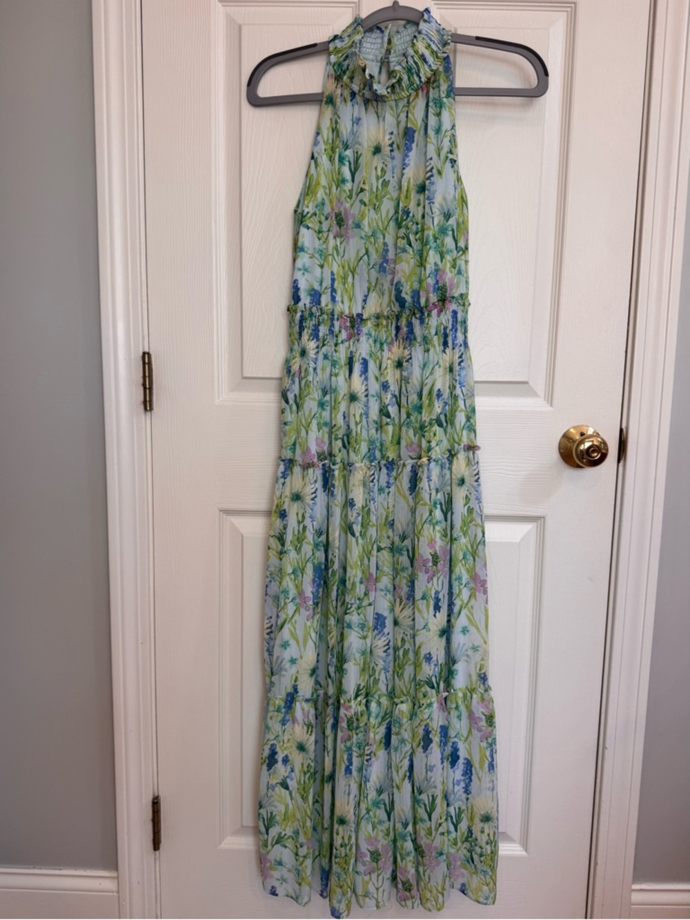 Taylor Floral Chiffon Smocked Mock Neck Tiered Maxi Dress - Blue/Green